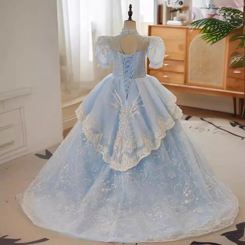 Girls Princess Dress New Puff Sleeve Sequin Embroidery Fluffy Blue Girls Evening Dress