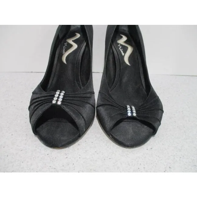 Nina Black & Rhinestone Sateen Peep Toe Pumps