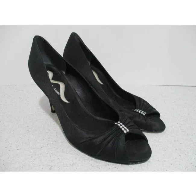 Nina Black & Rhinestone Sateen Peep Toe Pumps